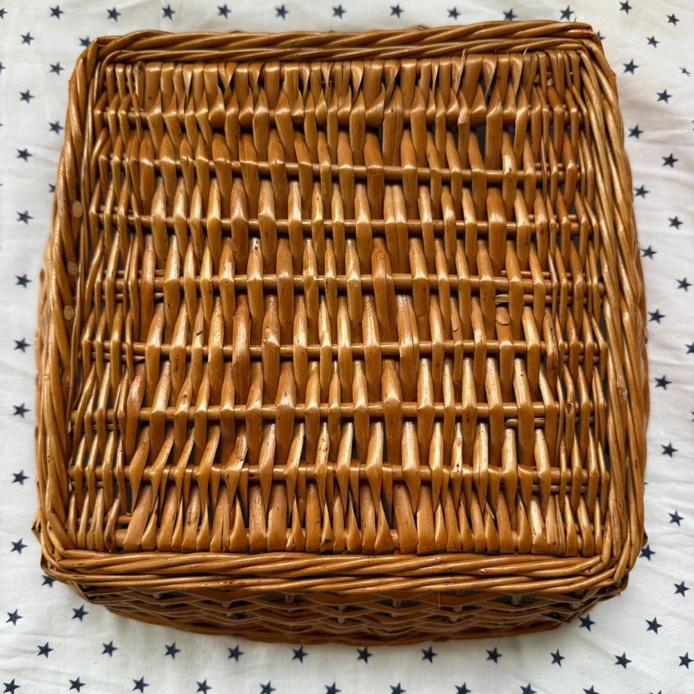 Vintage Square Yugoslavian Wicker Rattan Basket 10.5” Stamped Made in Yugoslavia
